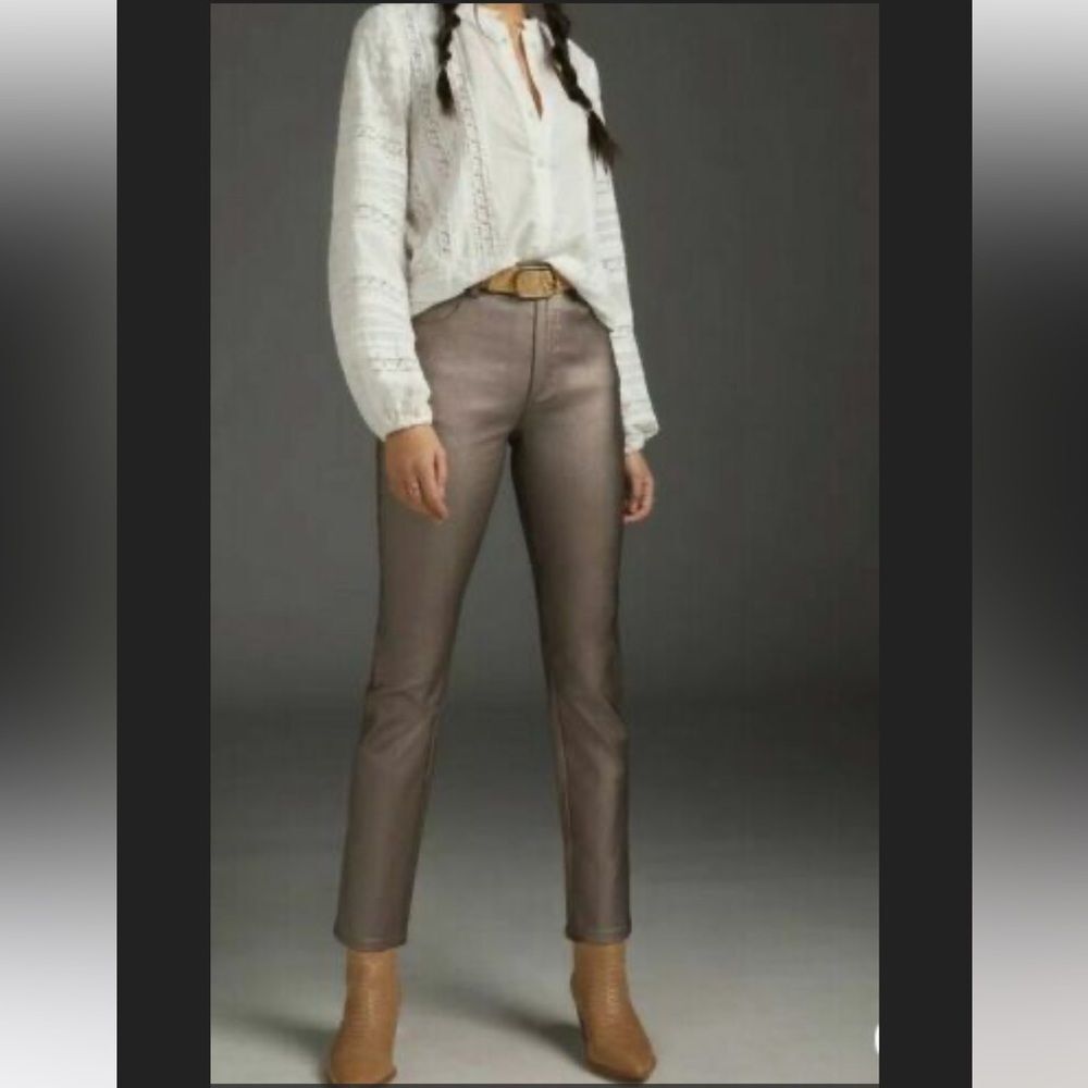 NWT Anthropologie/Avec Les Filles Metallic Straight Skinny Pant Silver Taupe 27